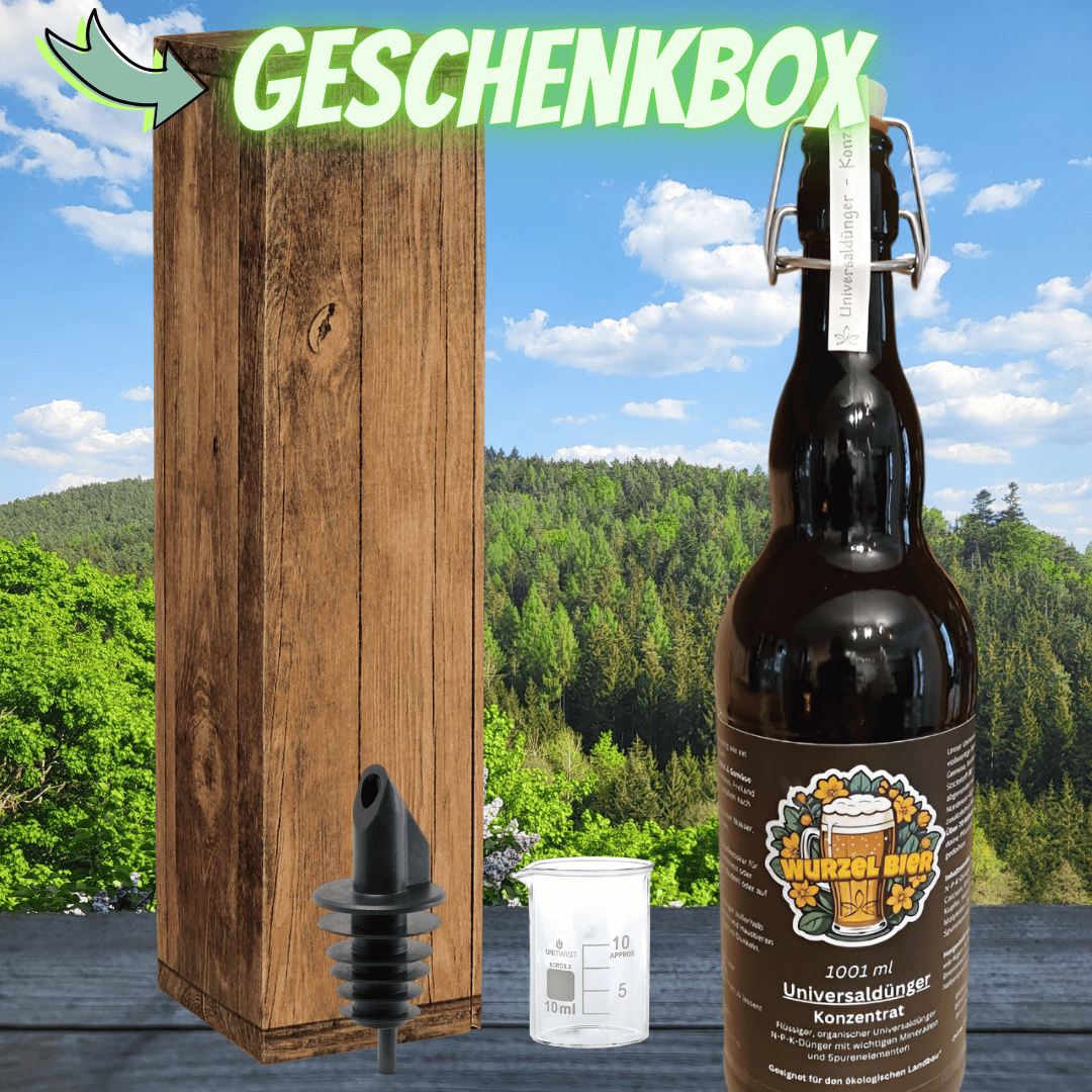 Hochwertiger Universaldünger, Edel im Geschenkkarton verpackt. 1001 ml flüssiger, organischer Universaldünger mit Messbecher und Ausgießer.